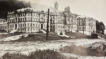 old vintage photo of an exterior view of a hospital